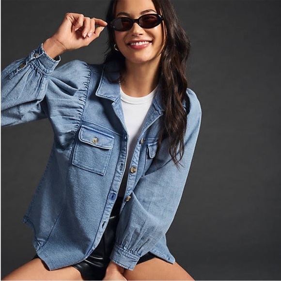 BOGO! Anthropologie Pilcro Chambray Denim Sweatshirt Buttondown Jacket XXS - Picture 2 of 12